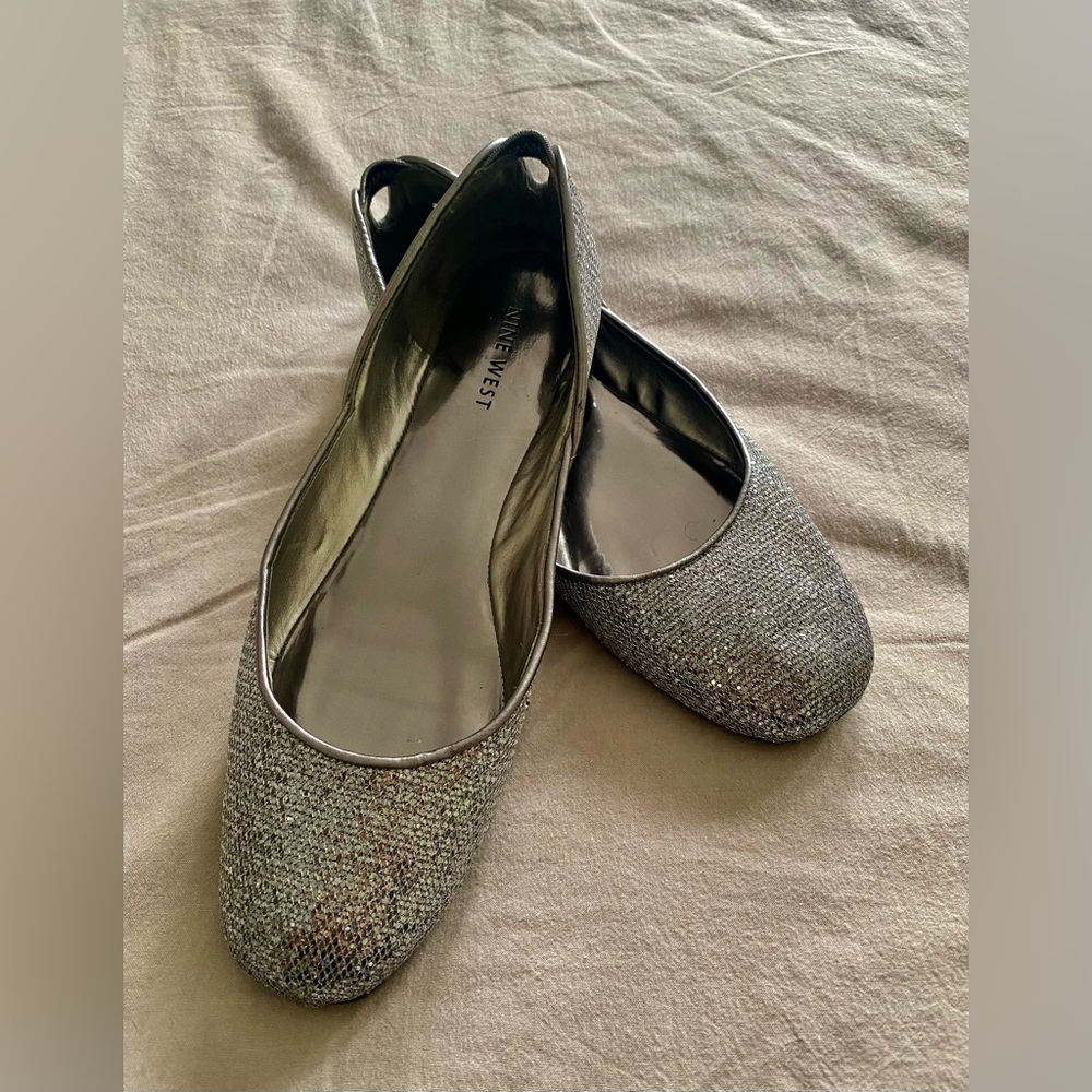 Nine West Shimmering Silver ballet flats.  8M
